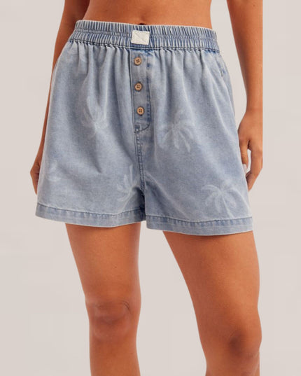 Palm Tree Printed Elastic Waist Denim Shorts