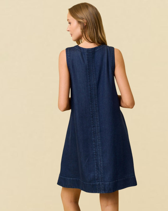 Sleeveless V Neck A Line Denim Mini Dress