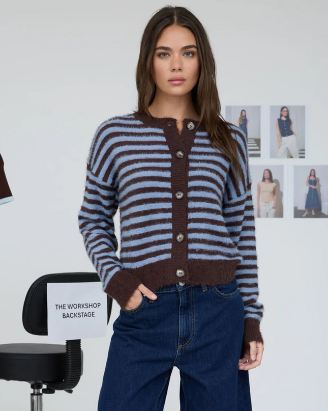 Striped Round Neck Button Down Fuzzy Cardigan Sweater