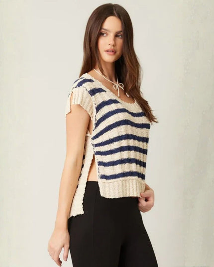 Striped Short Sleeve Lightweight Knit Sweater