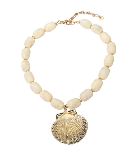Textured Seashell Pendant Resin Pebble Bead Gold Metal Necklace