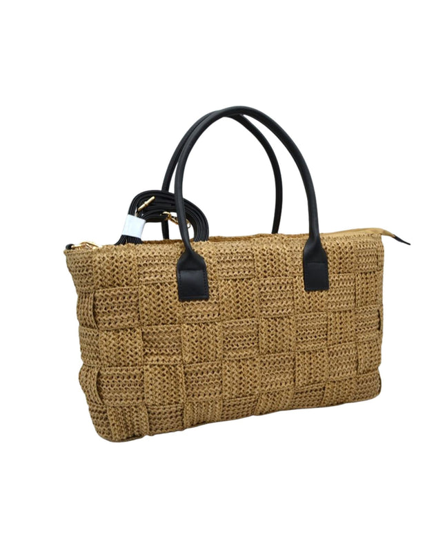 Rectangle Straw Wide Weave Vegan Handle Shoulder Bag