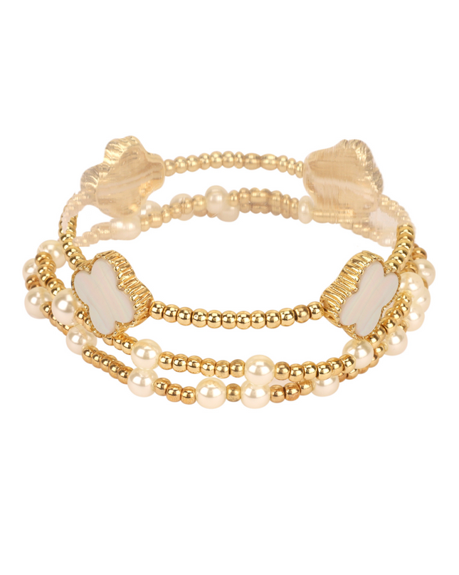 Spaced Pearl Shell Clover 3 Bracelet Set