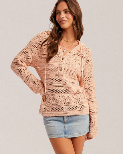 Crochet Drop Shoulder V Neck Drawstring Hoodie Top