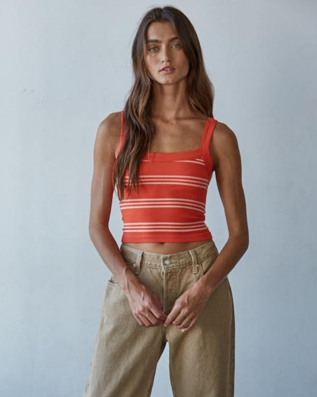 Weekend Striped Cropped Ribbed Fitted Tank Top