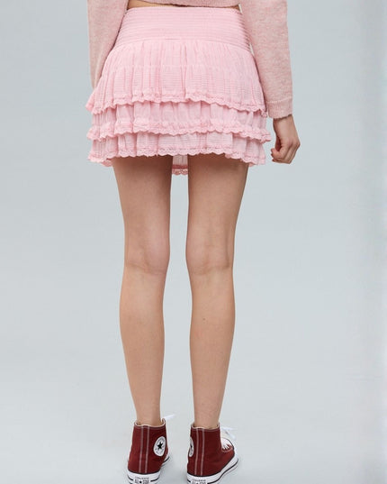 Stripe Print Smocked Triple Tiered lace Mini Skirt