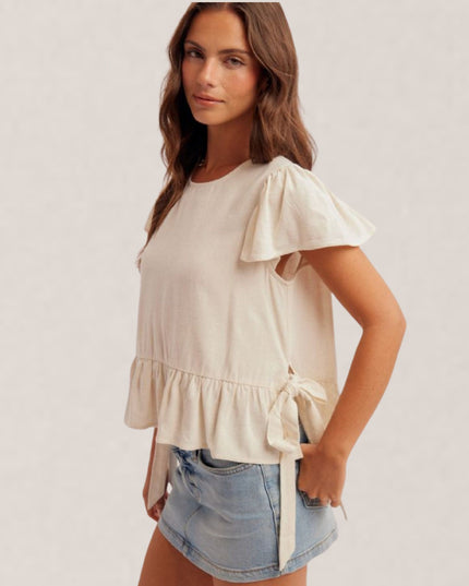 Scoop Neck Flutter Short Sleeve Side Slit Ribbon Tie Detail Top
