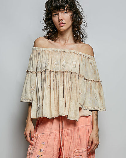 Off Shoulder Floral Embroidery Half Sleeve Top