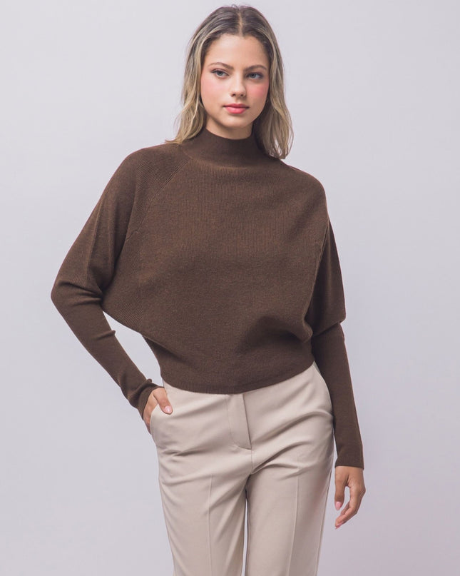 Mock Neck Batwing Sleeve Ribbed Sweater
