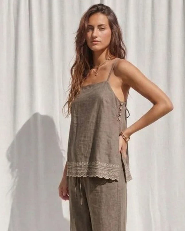 Side Button Embroidered Hem Spaghetti Strap Tie Back Top