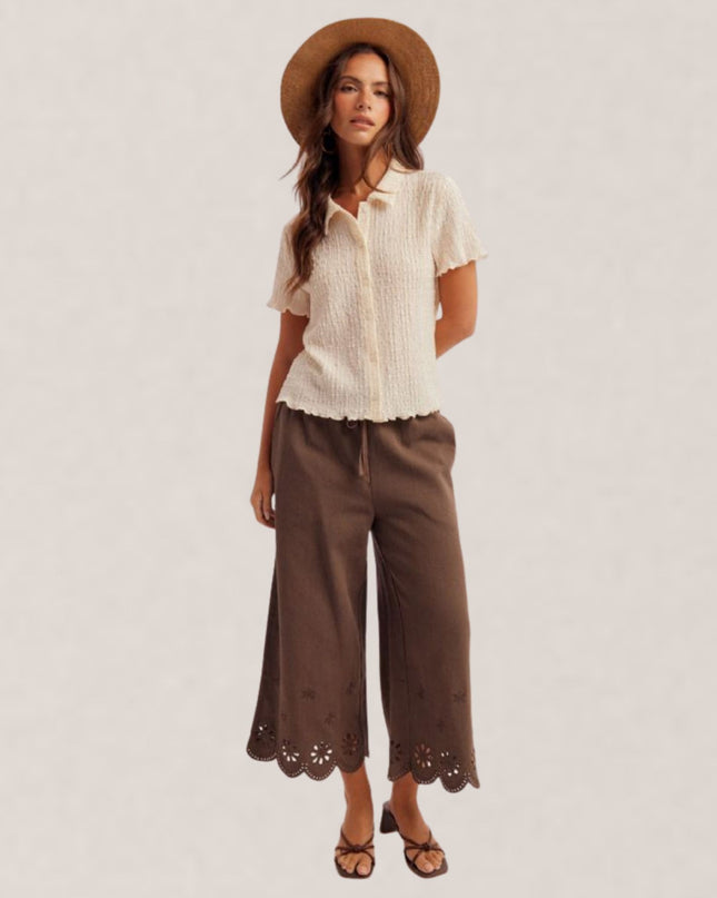 Embroidered Elastic High Waist Culotte Pants