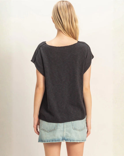 Notched V Neck Short Sleeve Top