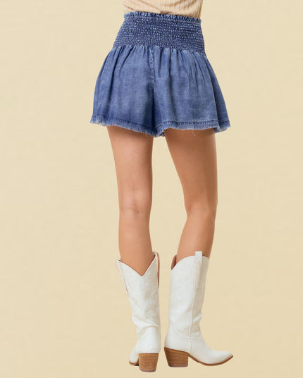 Smocked Waist Frayed Hem Shorts