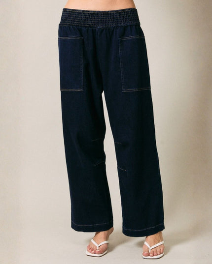Smocked Waist Patch Pockets Denim Barrel Jeans