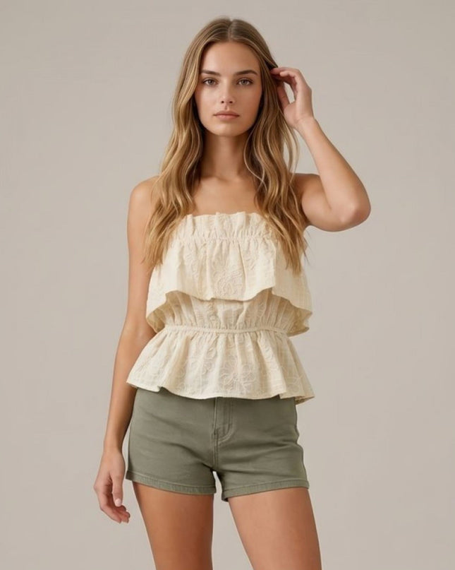 Floral Embroidered Plaid Ruffle Spaghetti Strap Crop Top