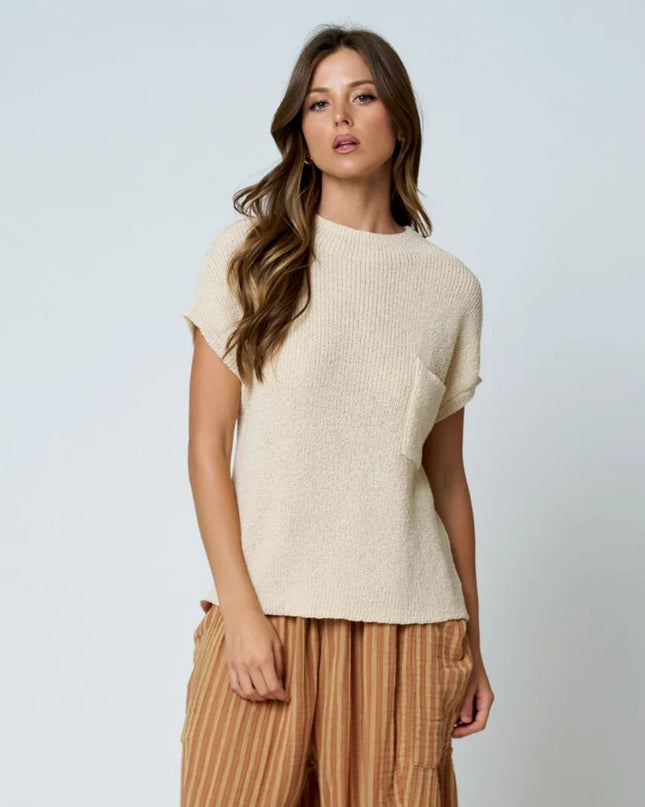 Pocket Detail Ribbed Drop Shoulder Short Sleeve Sweater