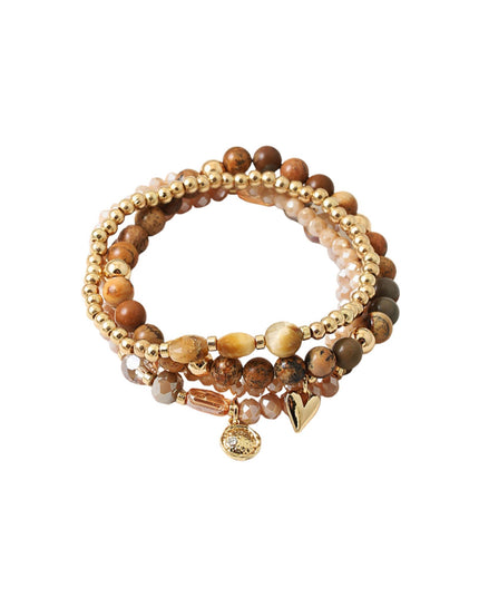 Natural Stone Gold Metal Ball Bead Heart Disc Charm 3 Bracelet Set