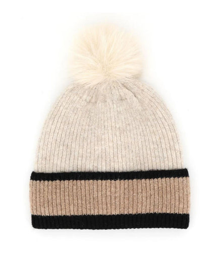 Ribbed Tri-Color Fleeced Faux Fur Pom Pom Winter Beanie Hat