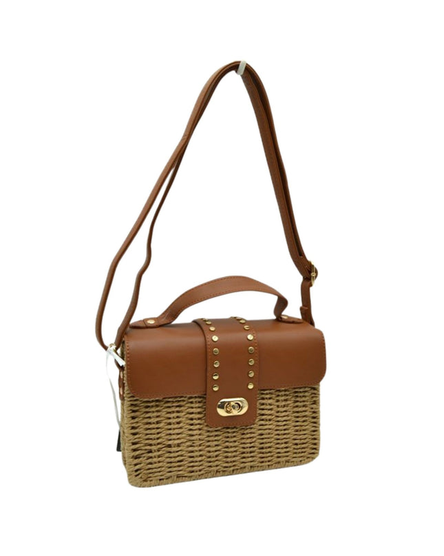 Boxy Straw Vegan Leather Detail Shoulder Bag