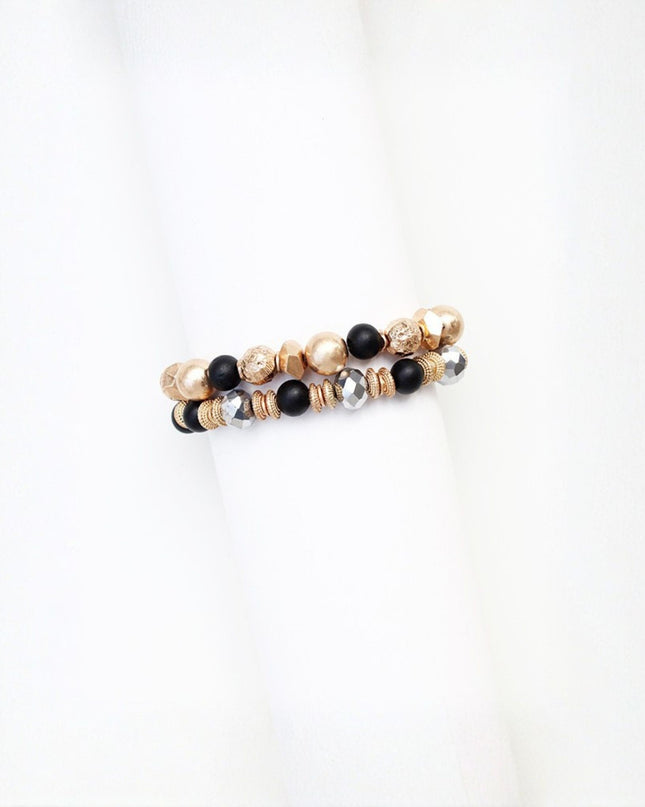 Gold Textured Metal Faceted Ball Beaded Stretchable 2 Bracelet Set