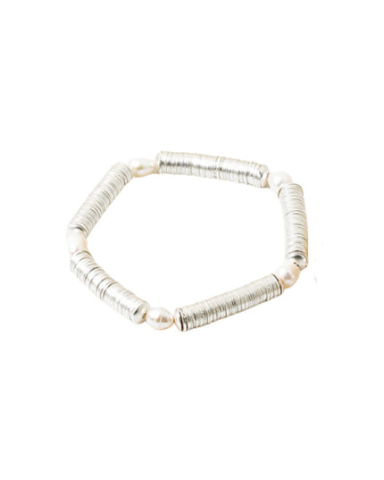 Flat Metal Bead Oval Pearl Spaced Stretch Bracelet