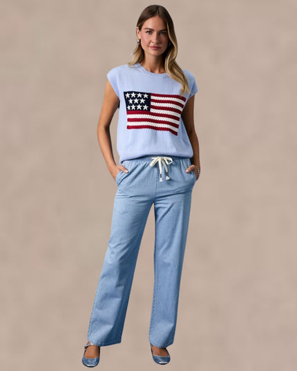 Straight Leg High Rise Drawstring Denim Pants