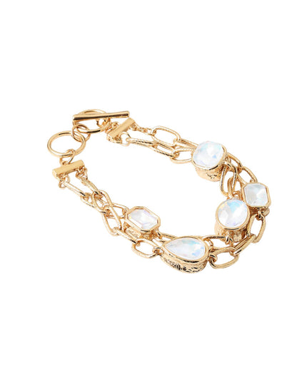 Shaped Bezel Crystals Double Gold Chain Link Toggle Bracelet
