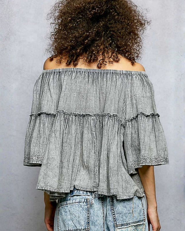 Off Shoulder Floral Embroidery Half Sleeve Top