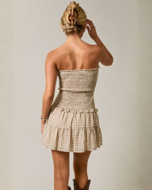 Gingham Smocked Bodice Low Waist Tube Dress
