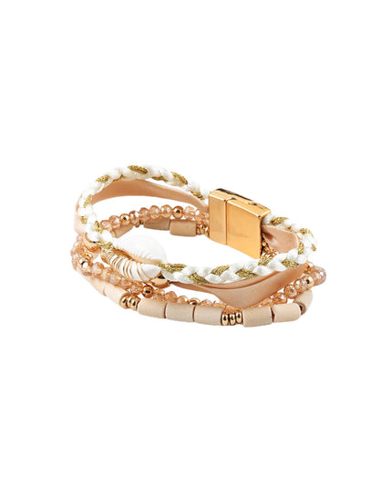 Gold Threaded Puka Shell Ribbon Braided Beaded Magnetic Bracelet