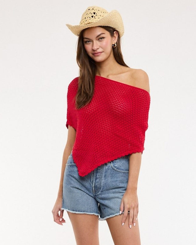 Crochet Knit One Shoulder Half Sleeve Poncho Top