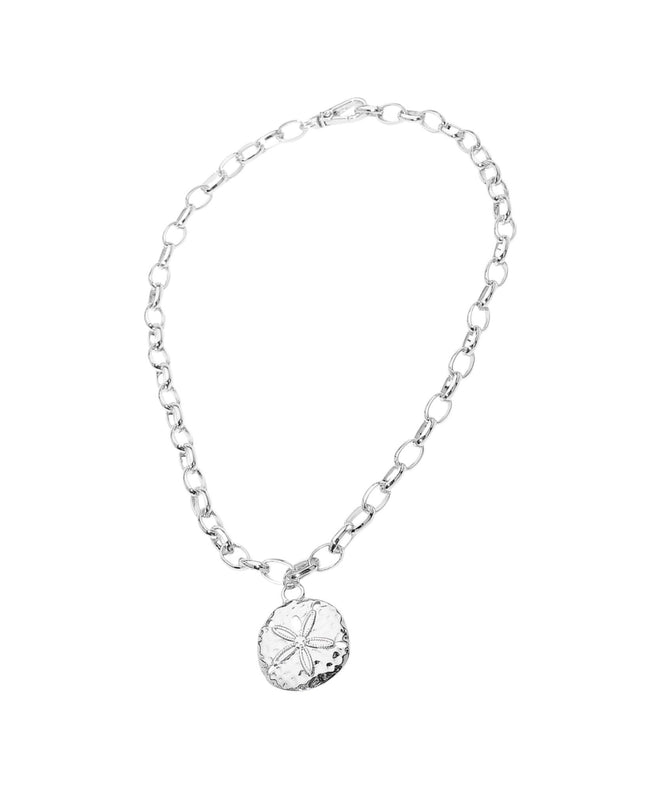 Sand Dollar Pendant Hammered Metal Chunky Chain Necklace