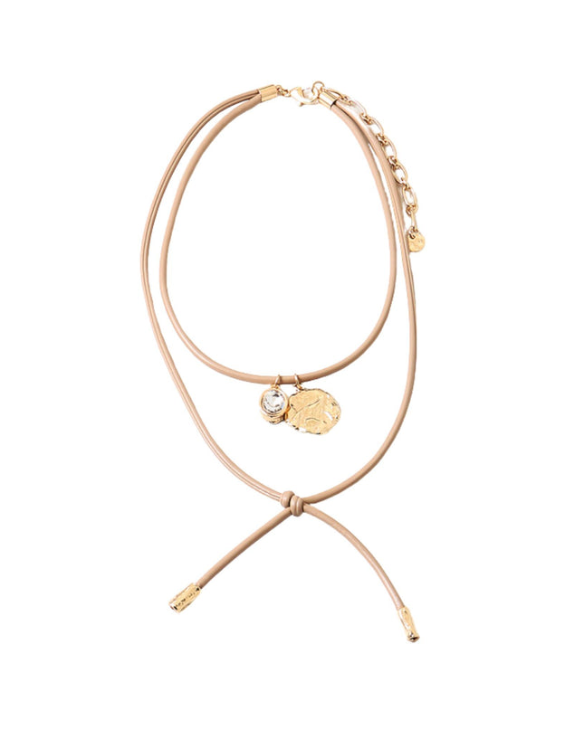 Gold Tip Hammered Disc Oval CZ Charm Wrap Around Cord Necklace