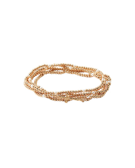 Cross Spaced Pearl Metal Ball Bead 5 Bracelet Set