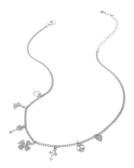 Clover Heart Cross Key Charm Station Necklace