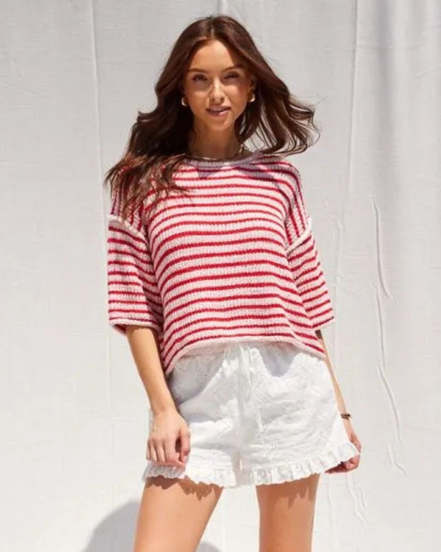 Striped 3/4 Sleeve Crew Neck Sweater