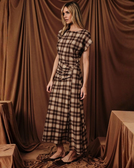 Plaid Boat Neck Pleated Side Short Sleeve Midi Dress