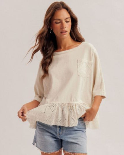 Lace Ruffle Loose Fit Short Sleeve Top