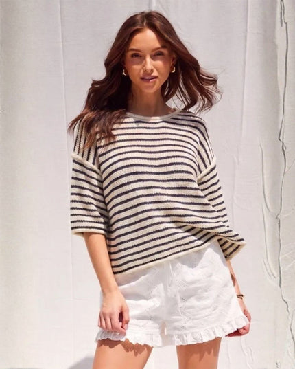 Striped 3/4 Sleeve Crew Neck Sweater