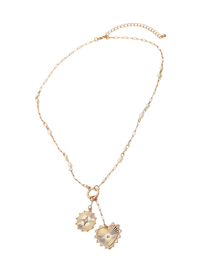 Heart Medallion Charm Drop Pearl Link Paperclip Chain Necklace