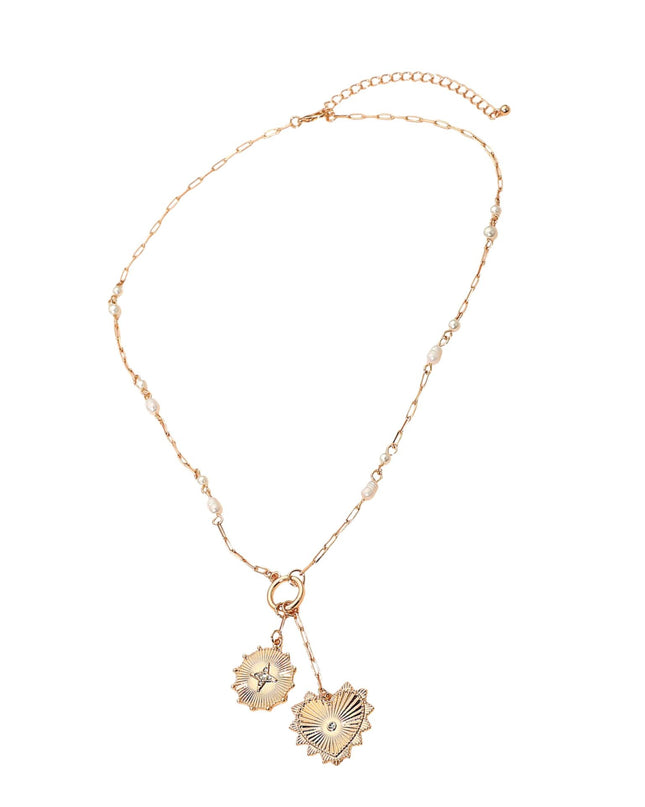 Heart Medallion Charm Drop Pearl Link Paperclip Chain Necklace