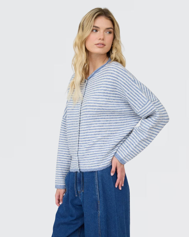 Striped Raw Edge Drop Shoulder Knit Cardigan Sweater