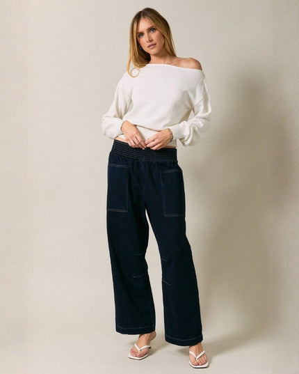 Smocked Waist Patch Pockets Denim Barrel Jeans
