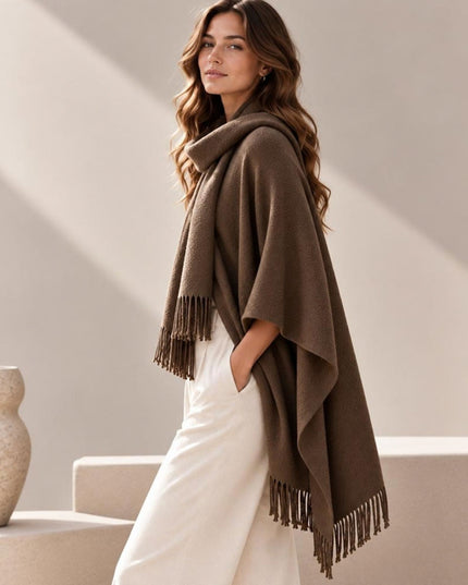 Fringe Trim Oversized Scarf Poncho