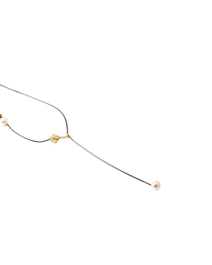 Pearl Gold Bead Leather Cord Slide Y Drop Necklace