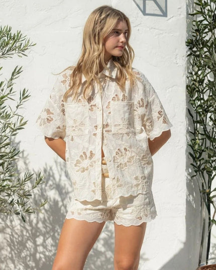 Flower Embroidered Eyelet Scallop Hem Short Sleeve Button Down Top