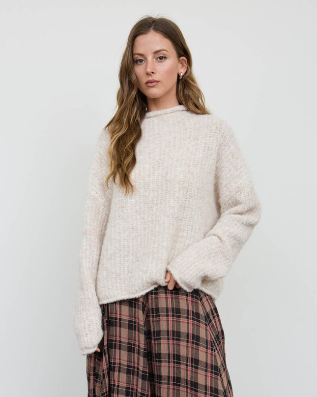 Fuzzy Knit Raw Mock Neck Ribbed Sweater