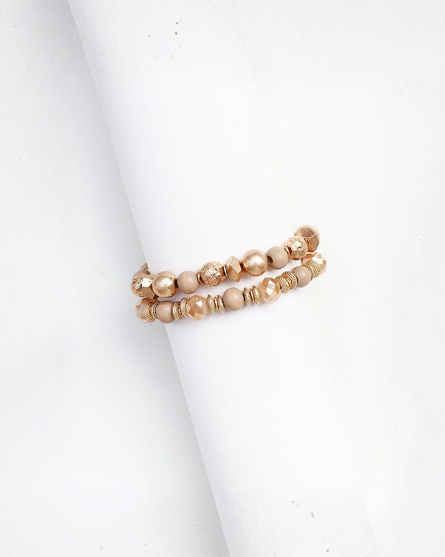 Gold Textured Metal Faceted Ball Beaded Stretchable 2 Bracelet Set