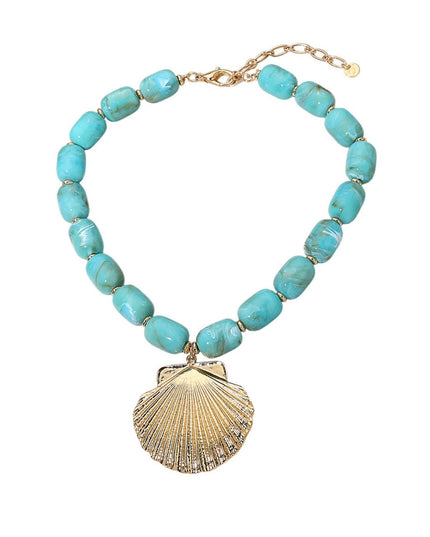 Textured Seashell Pendant Resin Pebble Bead Gold Metal Necklace