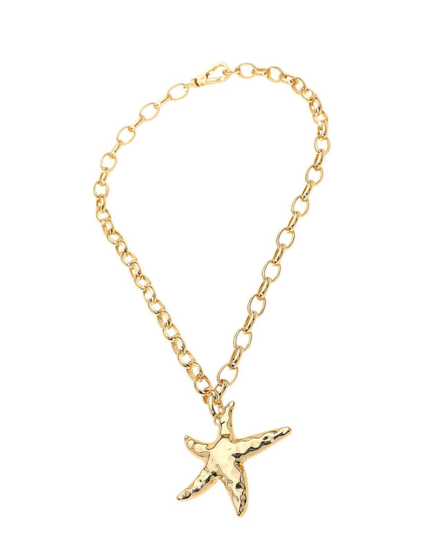 Hammered Metal Starfish Pendant Chunky Chain Necklace